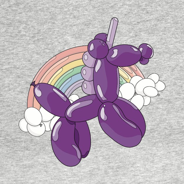 A light and dark purple unicorn balloon with a ballon rainbow and balloon clouds behind it. by Fruit Tee